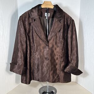 Chico's Blazer Jacket Brown Crinkle Satin Lined Two Button Women's Size 12 Large